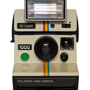 Vintage Sofortbildkamera Polaroid 1000 Land Camera mit Auslöser in Grün & Blitzaufsatz
